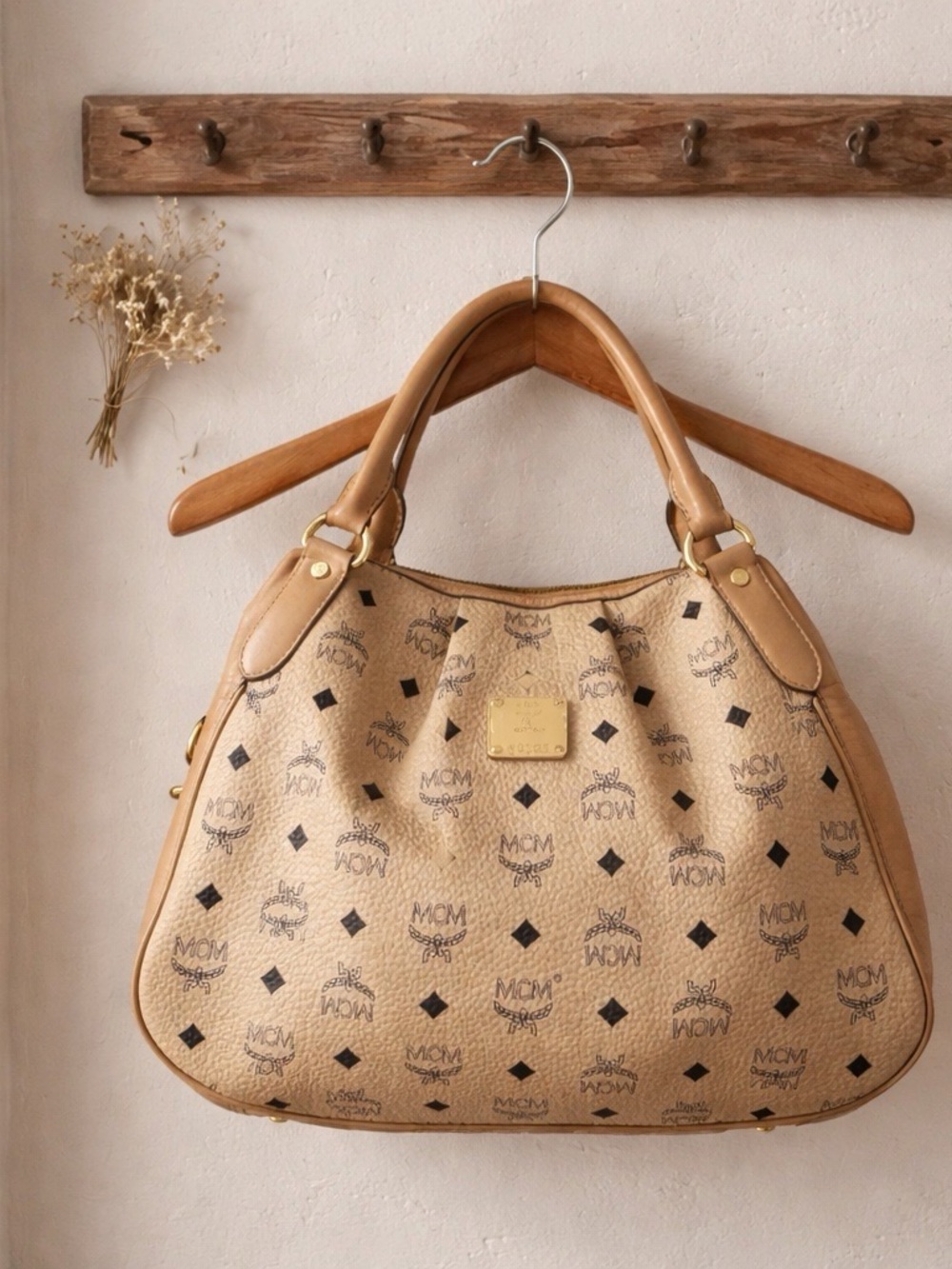Vintage MCM Tan Visetos Pleated Cream/ Beige Logo Shoulder Bag